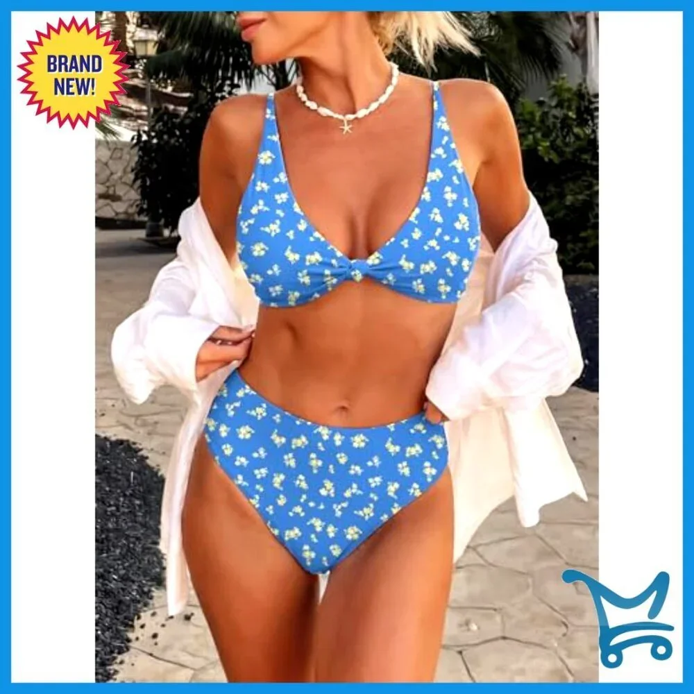 V Neck Twist Front Bikini Set Slim Fit Adjustable Straps Triangle Bottom